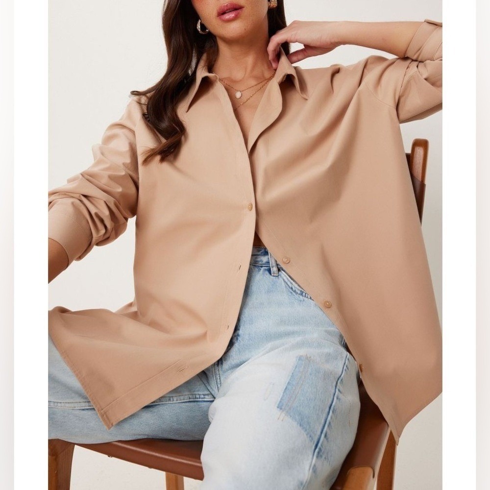 The Warmy Tan/Beige Oversized Lapel Button Shirt Dress NWT